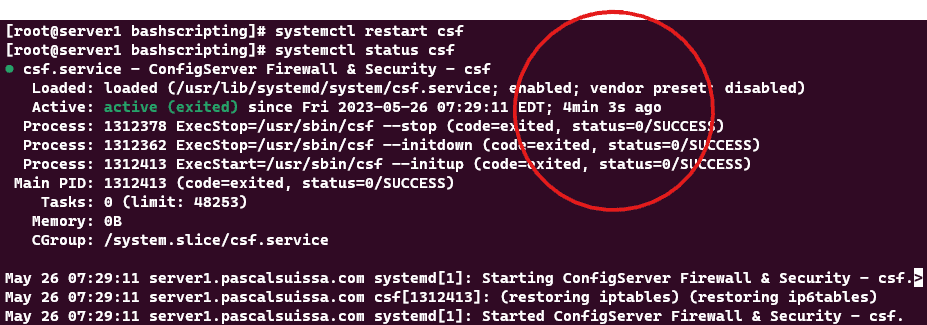 Screenshot showing the results of the systemctl restart csf command.