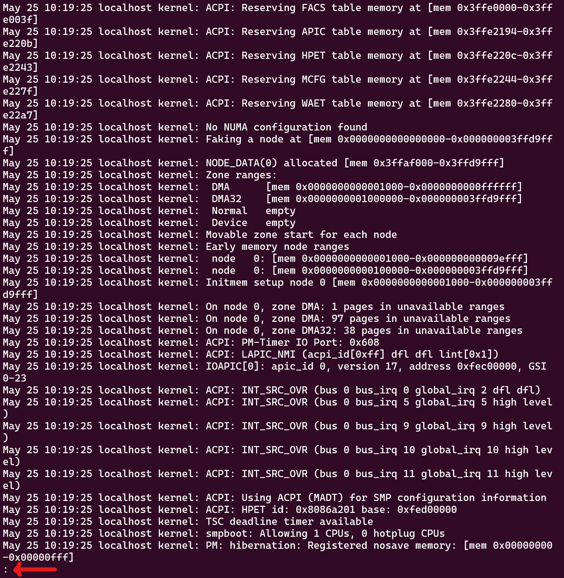 Screenshot showing the results of the less /var/log/messages command.