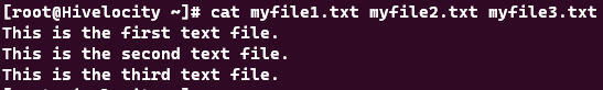 Screenshot showing the results of the cat myfile1.txt myfile2.txt myfile3.txt command.