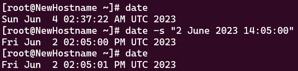 Screenshot showing the results of the date -s "2 June 2023 14:05:00" command.