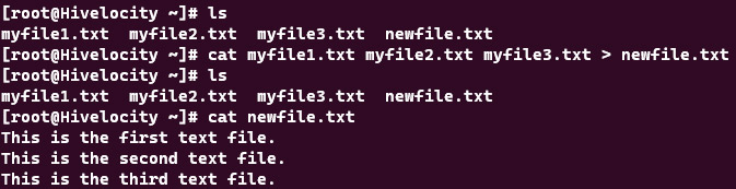 Screenshot showing the results of the cat myfile1.txt myfile2.txt myfile3.txt > newfile.txt command.