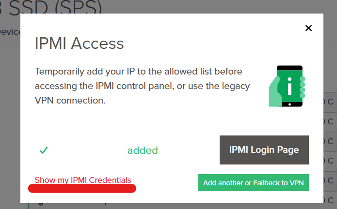 Screenshot of the IPMI Access window highlighting the Show my IPMI Credentials button.