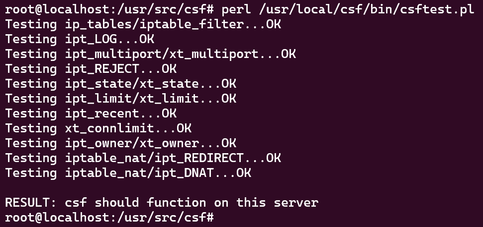 Screenshot showing the results of the perl /usr/local/csf/bin/csftest.pl command