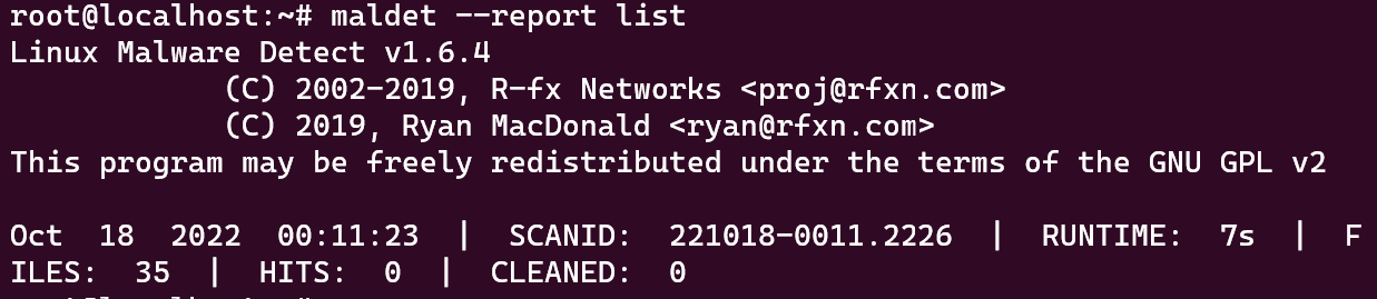 Screenshot showing the results of the "Maldet --report list" command