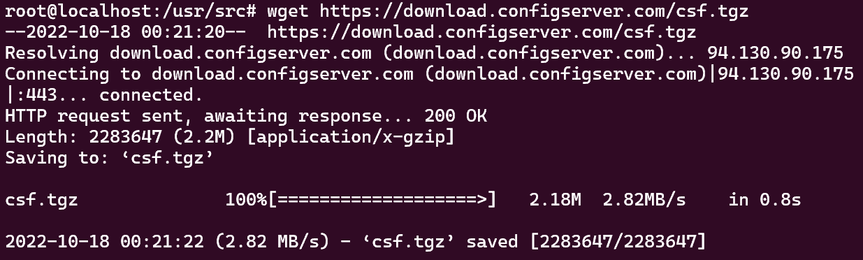 Screenshot showing the wget https://download.configserver.com/csf.tgz command