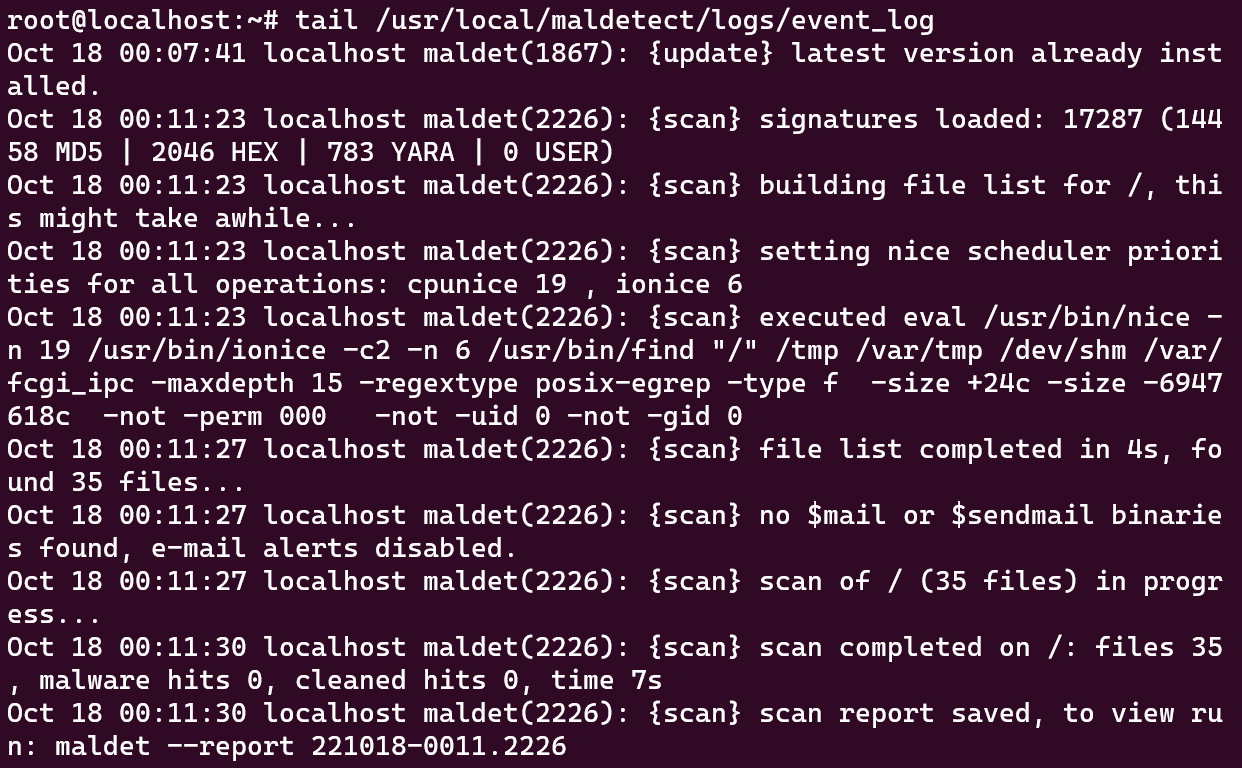 Screenshot showing the results of the "tail /usr/local/maldetect/logs/event_log" command