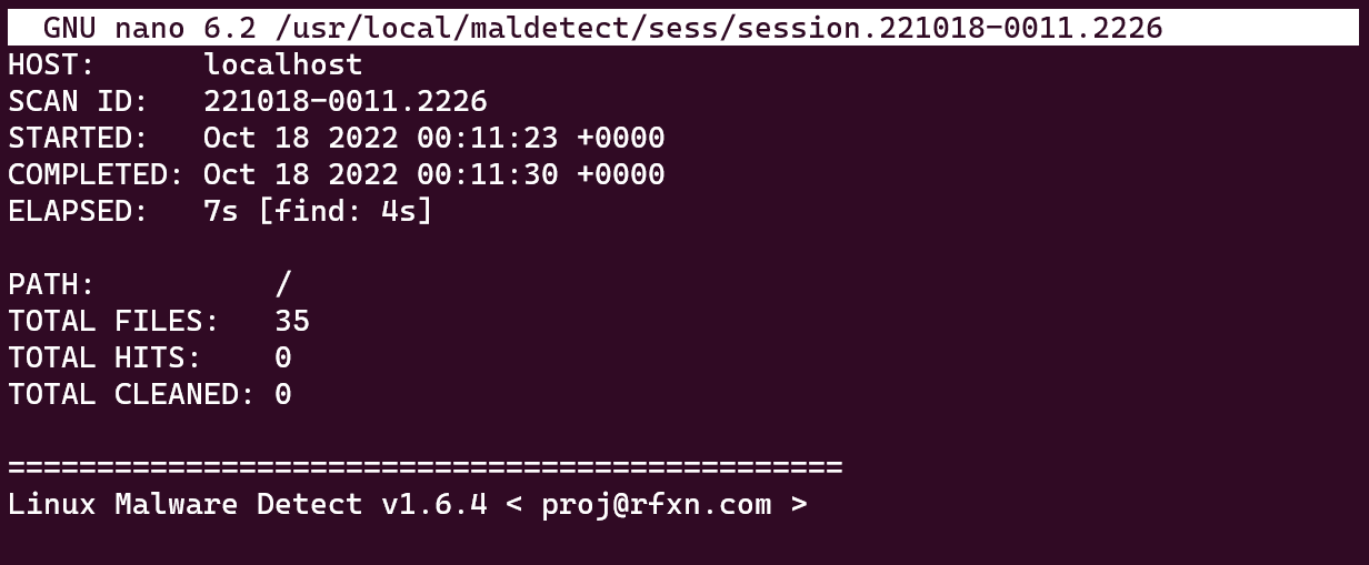 Screenshot showing the results of the "maldet --report SCANID" command