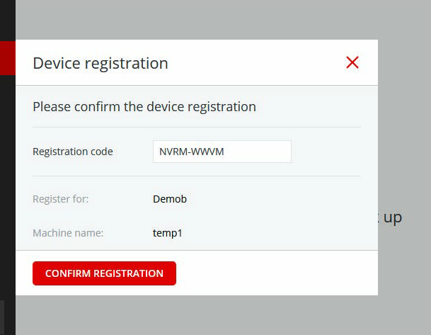Device registration screen showing the "Confirm Registration" button