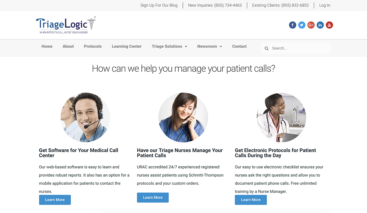 A screenshot of TriageLogic's homepage with the text "How can we help you manage your patient calls?"