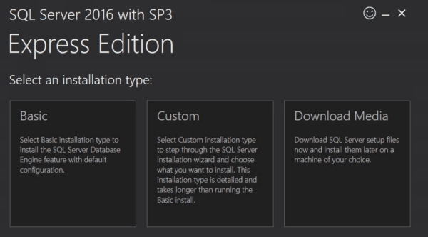 Window showing SQL Server 2016 express edition Installation types with "Basic" installation selected