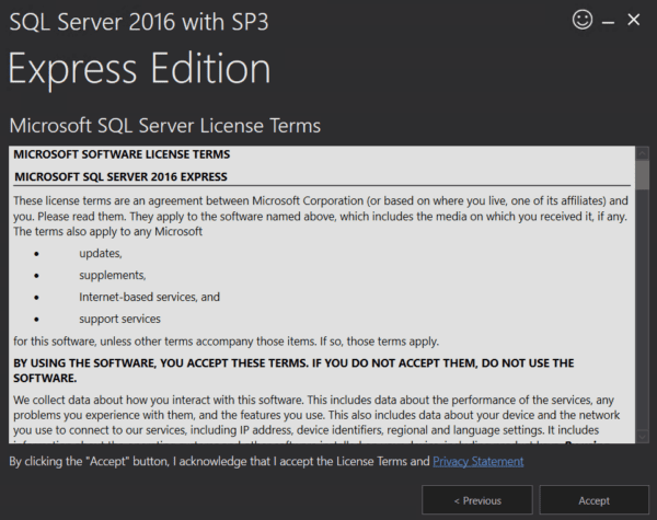 Window showing a segment of the license agreement for SQL Server 2016 with SP3 Express Edition