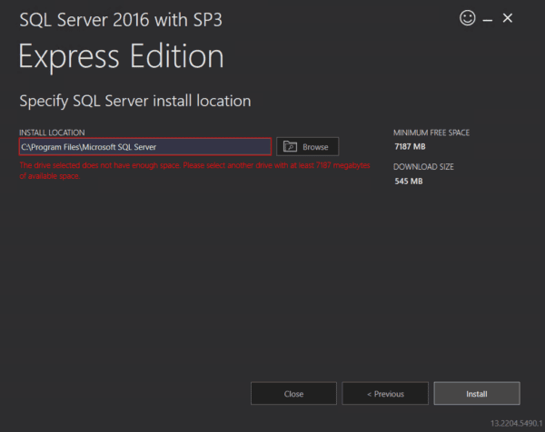 Window showing the install location options for SQL Server 2016 express