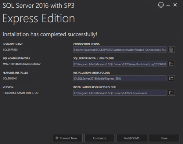 Window showing the SQL Server Installation complete menu