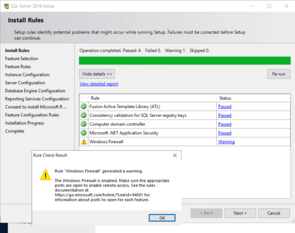 SQL Server Installation with Install Rules Check List and a "Windows Firewall Check Result" Warning to Inform That You Might Need to Add Firewall Rules