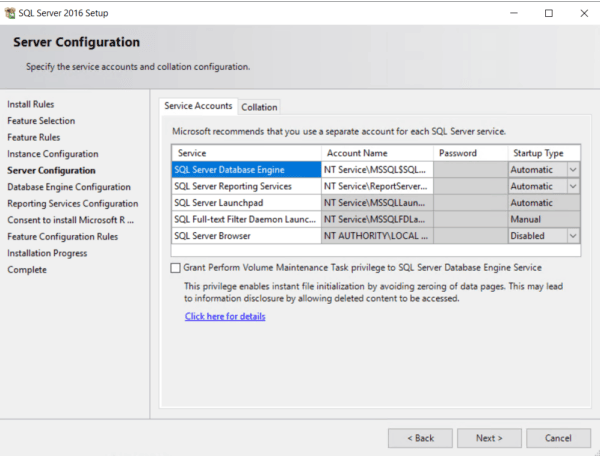 Window showing SQL Server configuration options