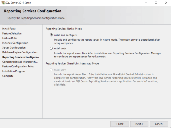 Window showing SQL Server 2016 express reporting service options