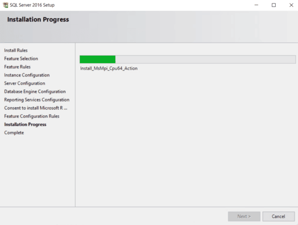 Screen showing the SQL Server 2016 Express installation progress bar