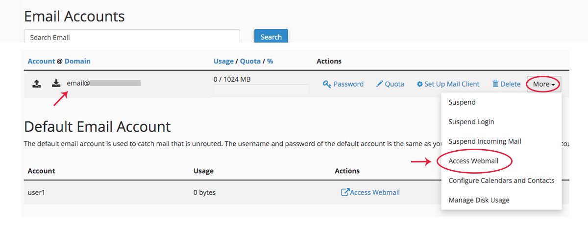 Screenshot of cPanel Email Accounts Page showing the Access Webmail option