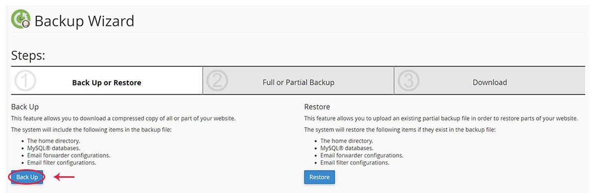 Screenshot of the cPanel Backup Wizard page highlighting the Back Up button