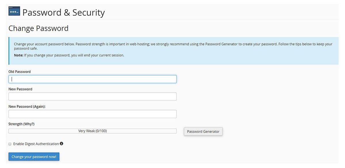 Screenshot of the cPanel Password & Security Change Password screen
