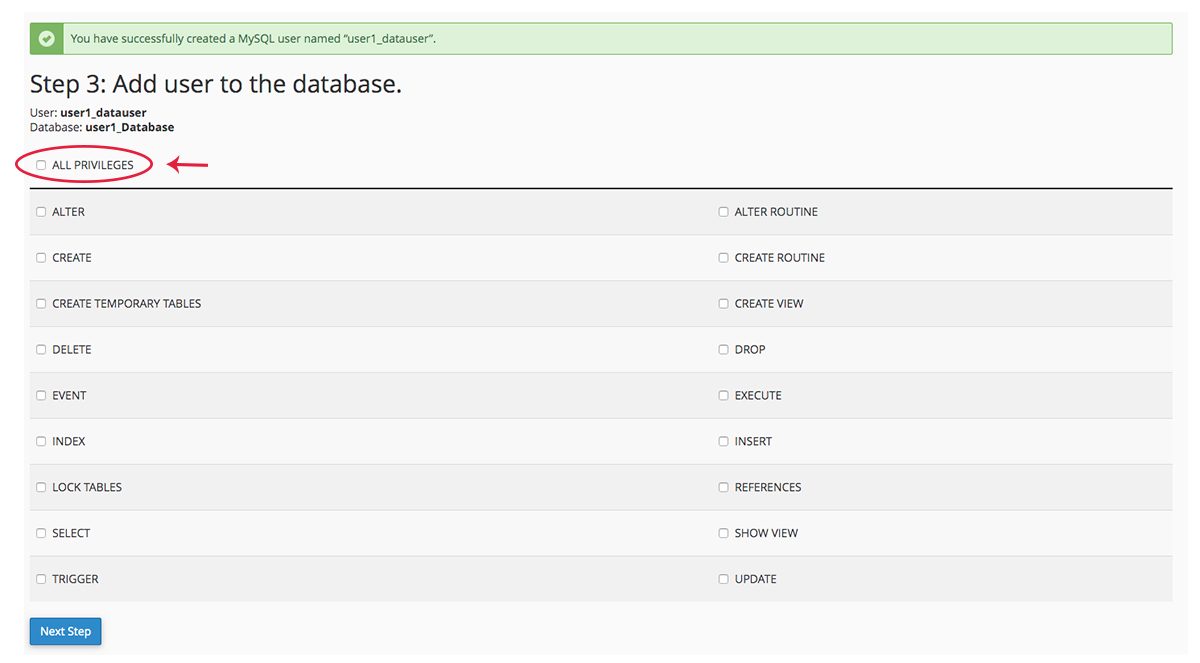Screenshot of the cPanel Databases User Privileges screen