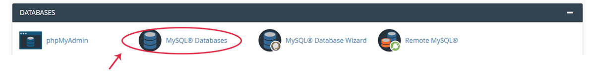 Screenshot of the cPanel Databases section with the MySQL Database Wizard icon highlighted