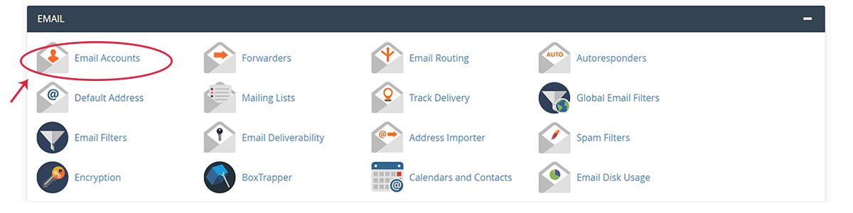 Screenshot of the cPane Email section with the Email Accounts icon highlighted