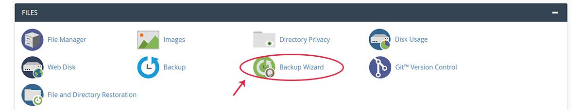 Screenshot of the cPane Files section with the Backup Wizard icon selected