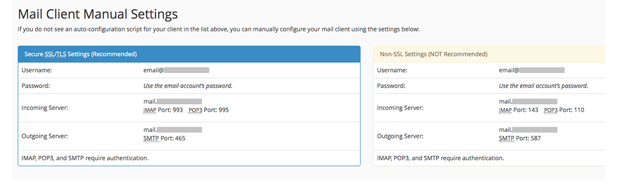 Screenshot of the cPanel Mail Client Manual Settings page