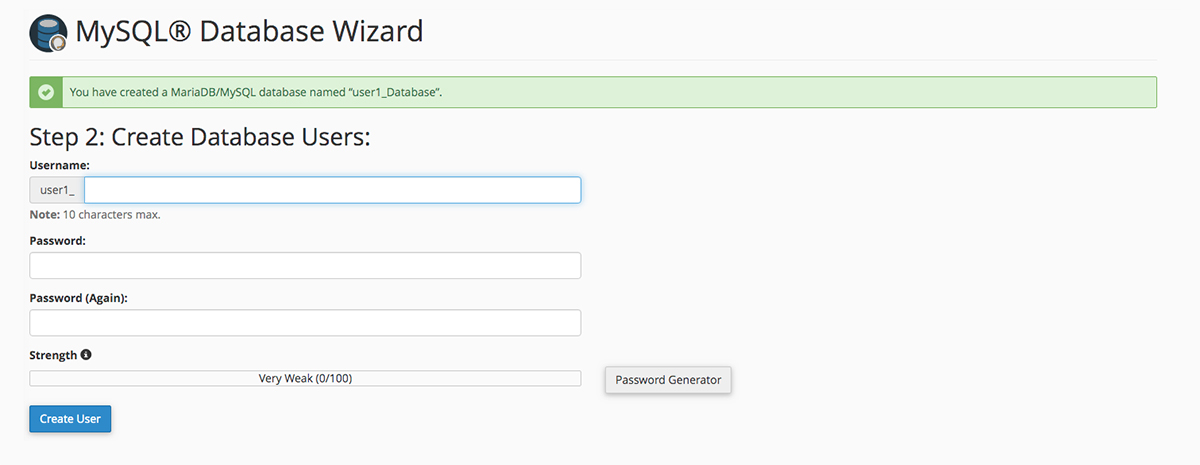 Screenshot of the cPanel MySQL Database Wizard Create Database Users screen