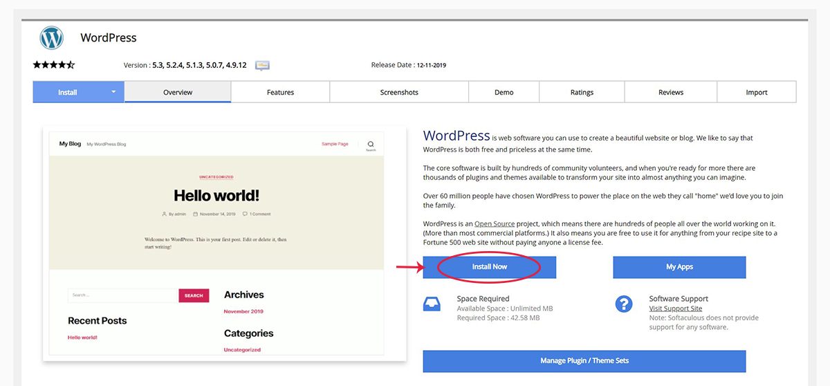 Screenshot of the WordPress Overview page within Softaculous