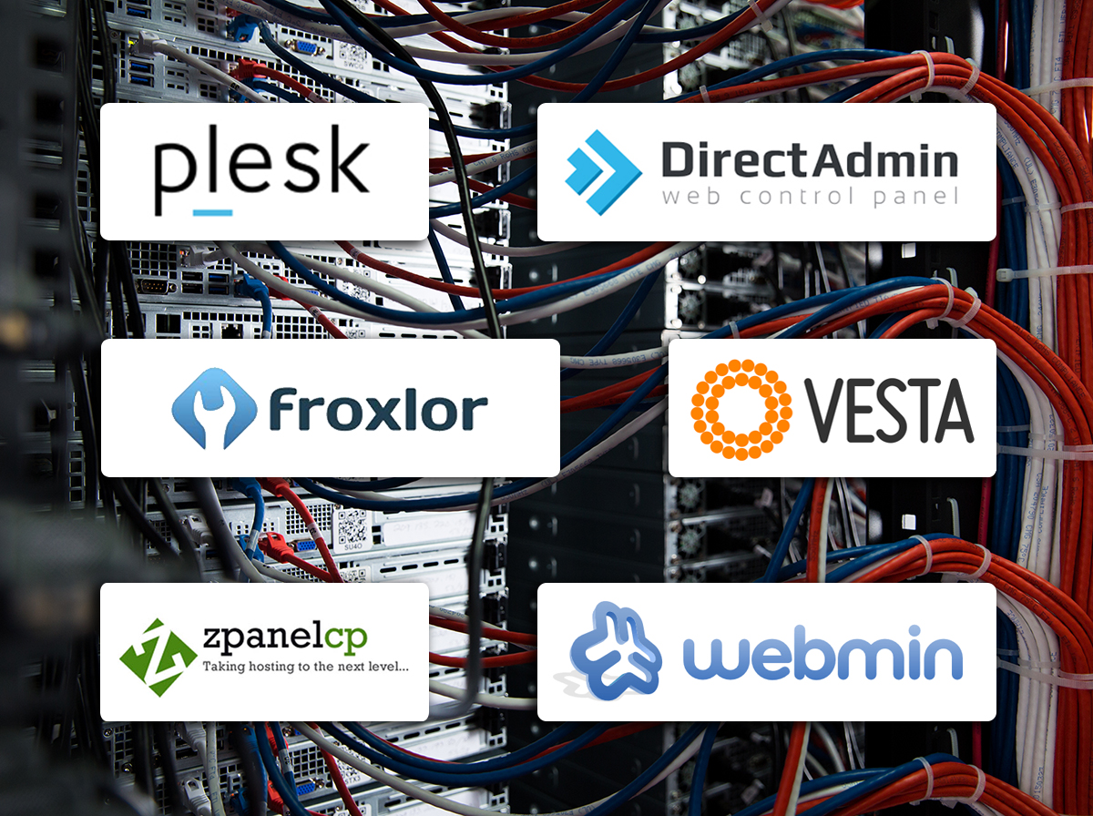 Cables with logos for various cPanel alternatives: Plesk, DirectAdmin, Froxlor, VestaCP, zPanel, and Webmin