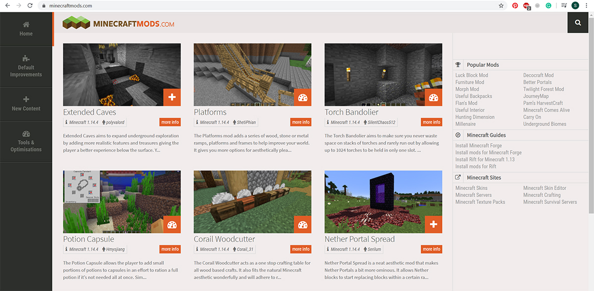 Image of the minecraftmods.com home screen featuring several popular Minecraft mods