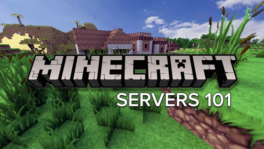 Pixelated landscape with floating Minecraft logo and the text "Minecraft Servers 101"