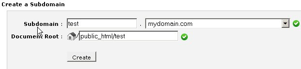 "Create a Subdomain" form showing form fields for domain name and document root