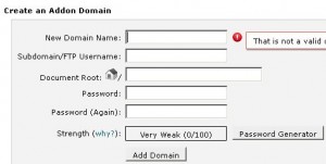 Create an Addon Domain form with spaces for New Domain Name, Document Root, and Password