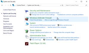 Screenshot showing the System and Security tab and highlighting the Windows Defender Firewall