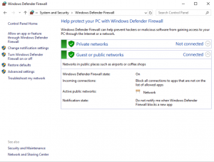 Screenshot showing options for the Windows Defender Firewall