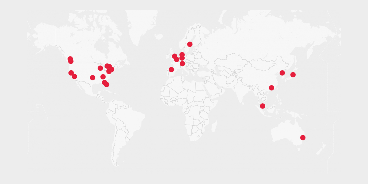 Map of the world highlighting the locations of Hivelocity's data centers