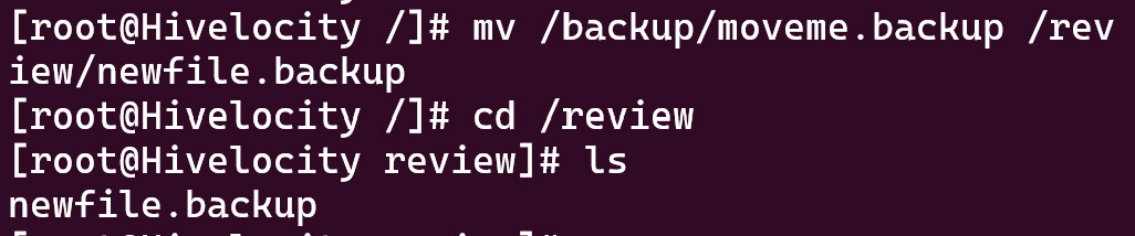 Screenshot showing the results of the mv /backup/moveme.backup /review/newfile.backup command.