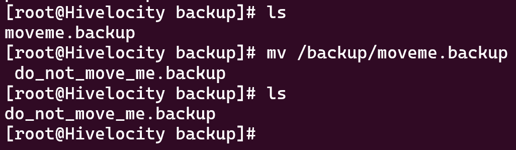 Screenshot showing the results of the command mv /backup/moveme.backup 