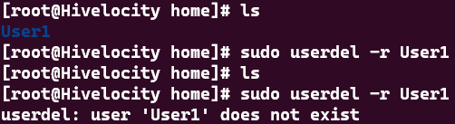 Screenshot showing the results of the sudo userdel -r User1 command.