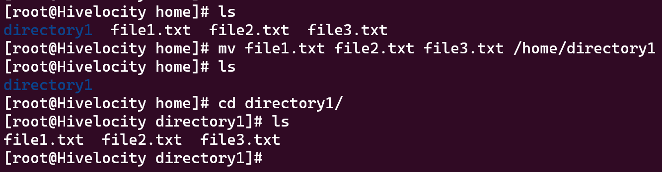 Screenshot showing the results of the command mv file1.txt file2.txt file3.txt /home/directory1.