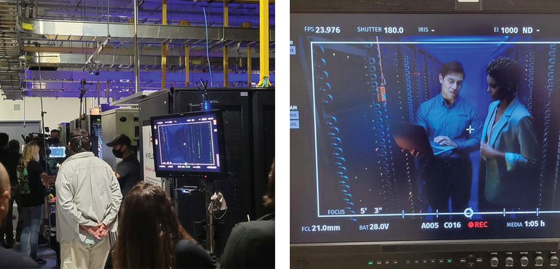 A side by side image showing a film crew inside the TPA2 data center and monitor footage of the commercial being filmed