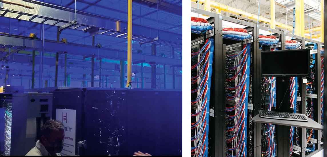 A side by side image showing an overhead view of the data center space as well as several open cabinets with cords running throughout