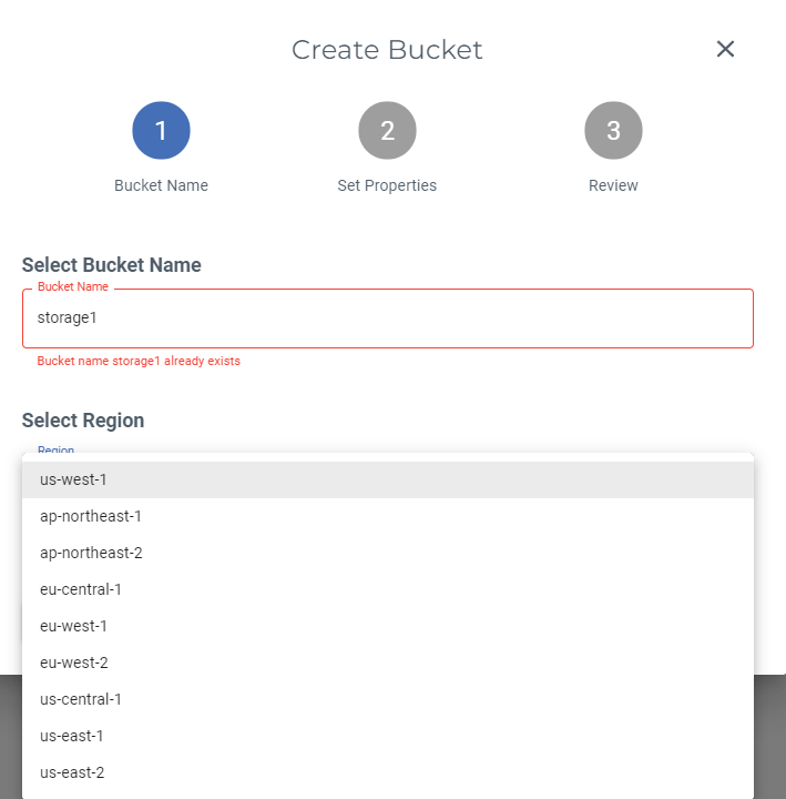 Screenshot of the Bucket Naming screen highlighting the available region choices