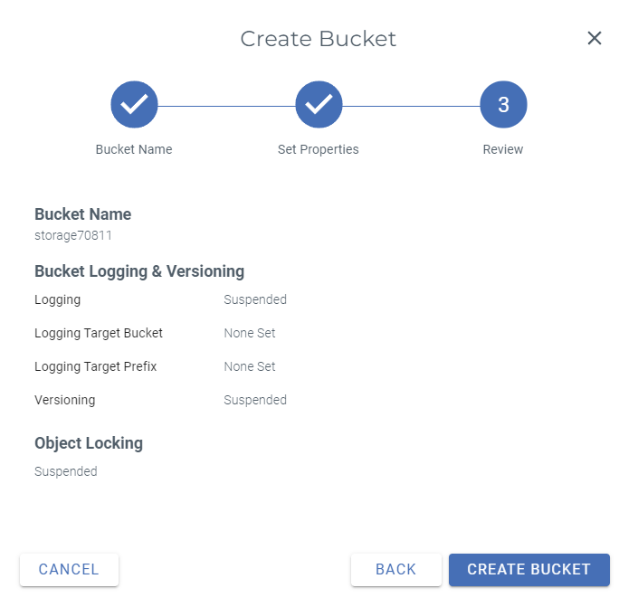 Screenshot of the Review screen highlighting the Create Bucket icon