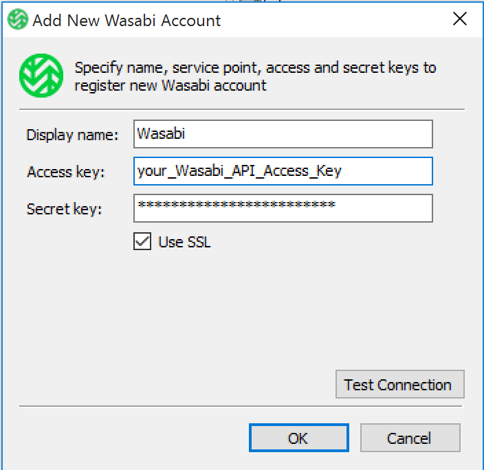 Screenshot of the Add New Wasabi Account screen