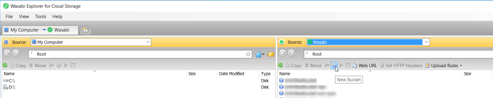 Screenshot showing how to create a new storage bucket within the Wasabi Explorer interface