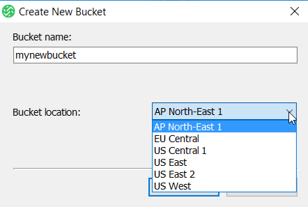 Screenshot of the Create New Bucket screen highlighting options for Bucket Locations